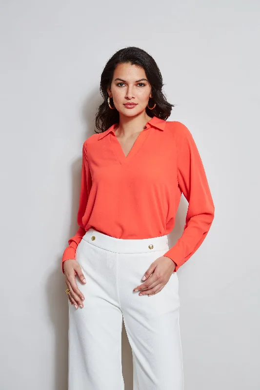 T-Tahari Split Neck Long Sleeve Shirt Feminine Women's Soft 
