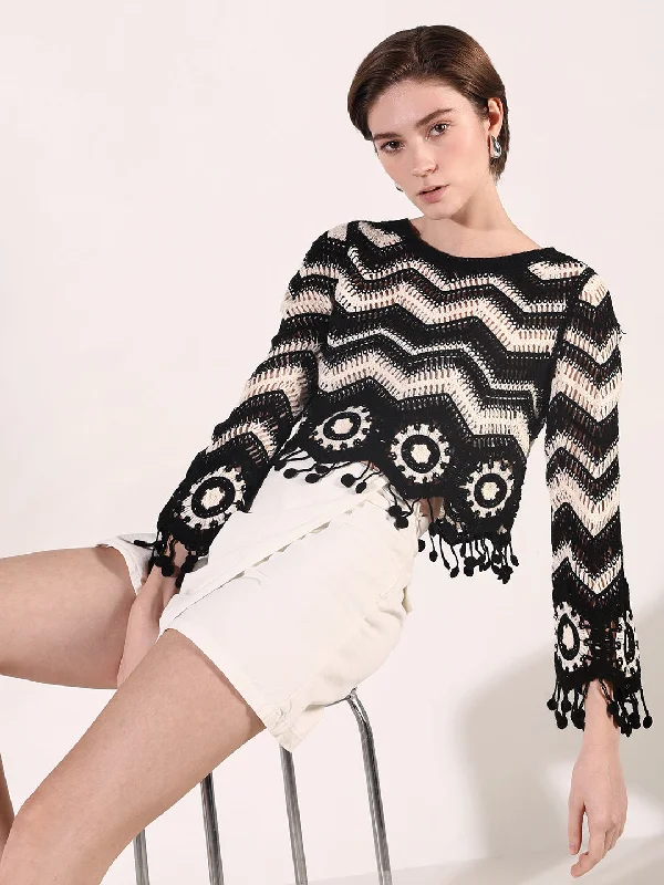 Women Black Geometric Crochet Top Elegant Women's Formal 