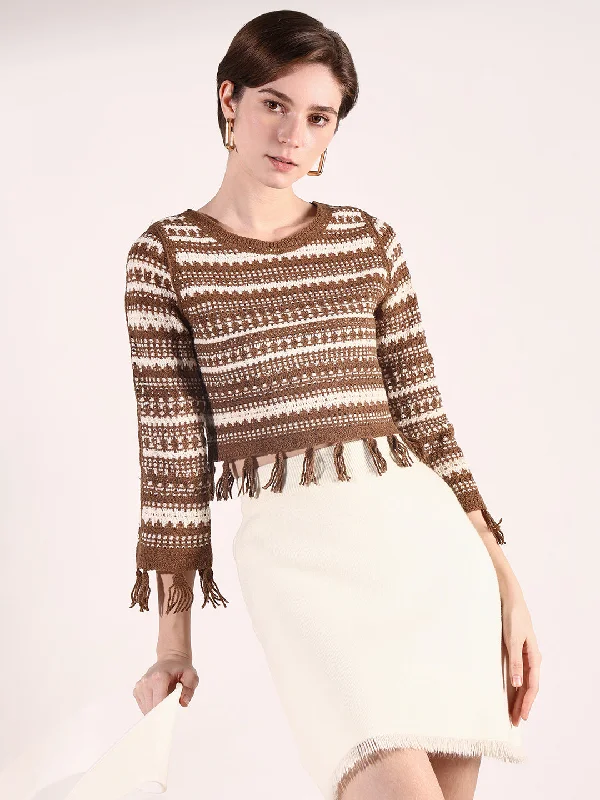 Women Brown Solid Crochet Top Geometric