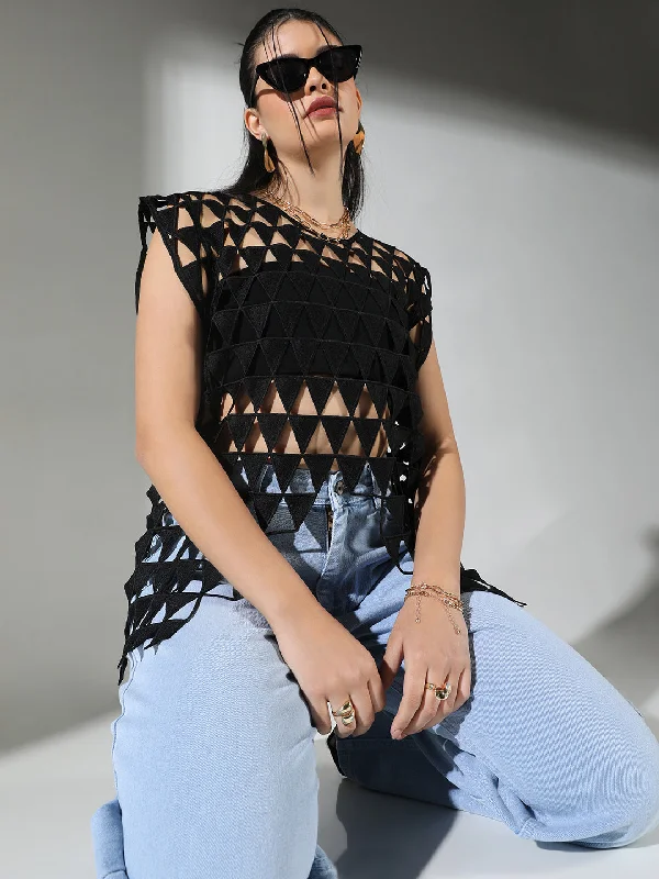 Women Black Solid Crochet Top Unique Women's Upcycled