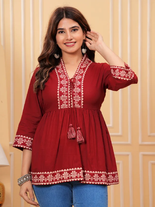 Maroon Solid Tops & Tunic - Cotton Fabric, 3/4 sleeves, V-Neck and hips Length. Adventure
