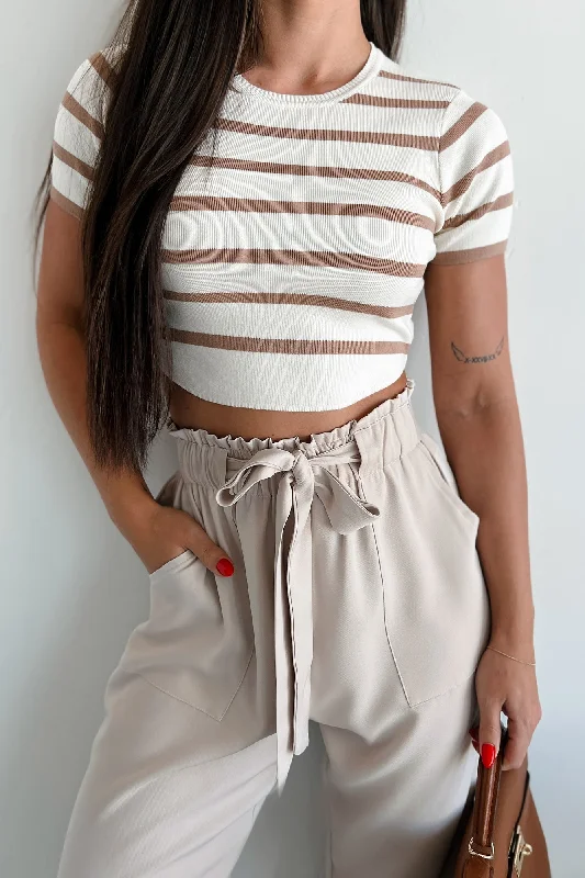 Daily Adoration Striped Crop Top (Off White/Tan) Sporty Women's Athleisure 