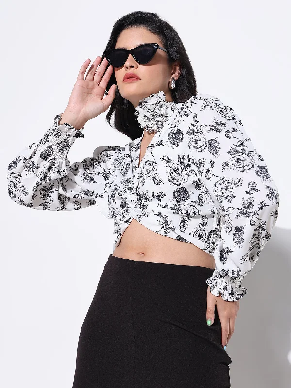 Women White Floral Crop Top with Flower Bow Cozy Women's Sherpa - lined