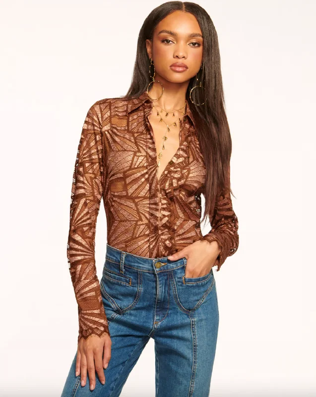 Priscilla Lace Button Down Top - Bronze Lace Laid - back Women's Vibe