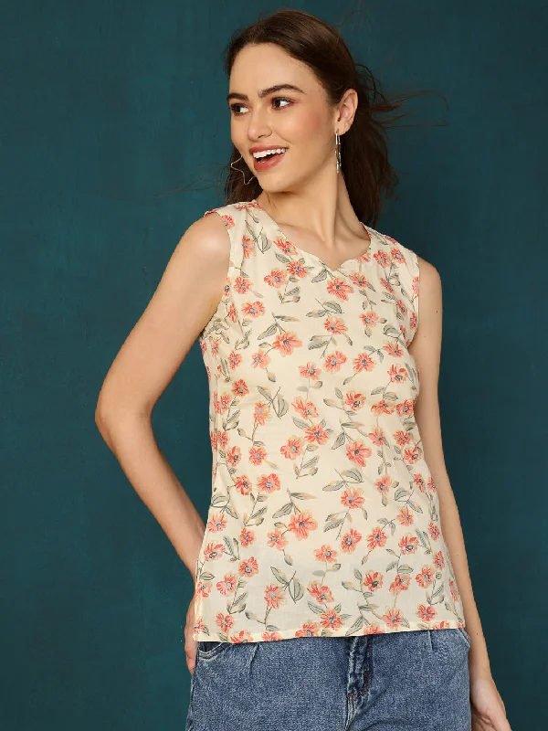 Cotton Printed Round Neck White Top Country