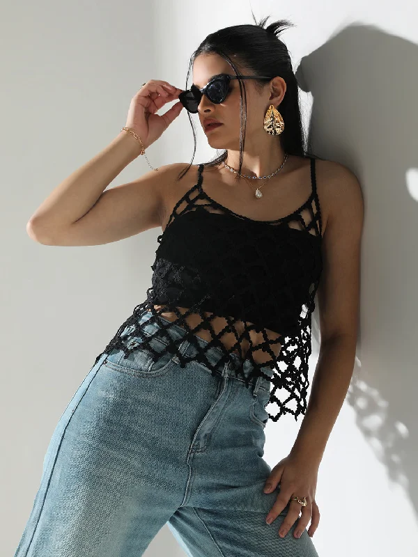Women Black Solid Crochet Top Confident Women's Power