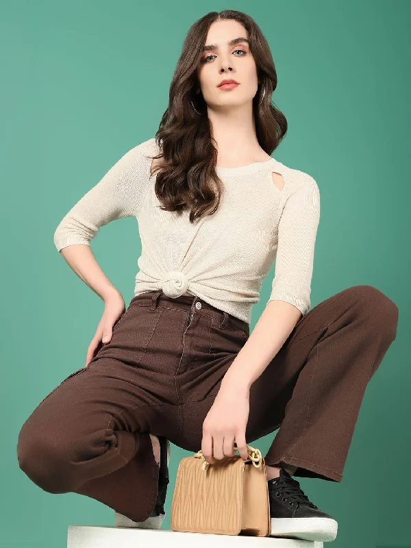 Women Beige Solid Fitted Top Relaxed Women's Beachy