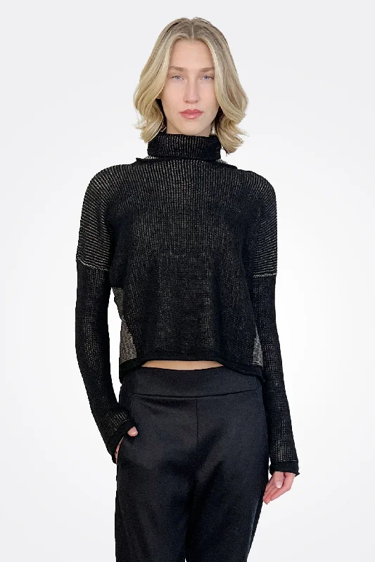 Two Tone Ribbed Turtleneck - Black Sporty Women's Athleisure 
