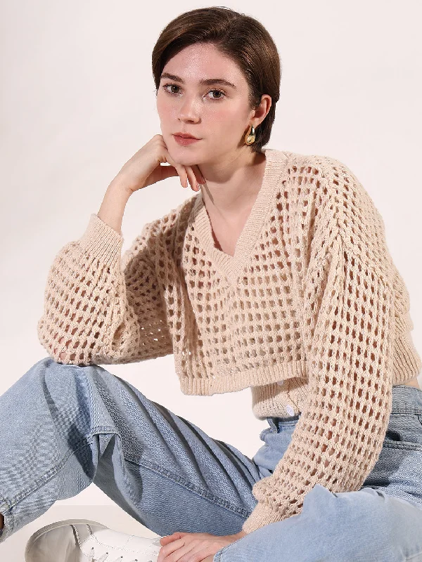 Women Cream Solid Crochet Crop Top with Over top Dynamic Women's High - energy