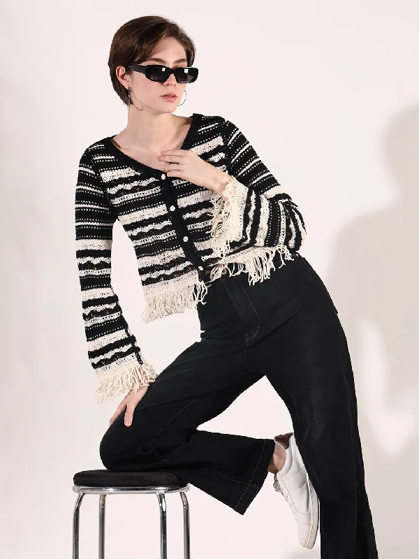 Women Black Geometric Crochet Top European