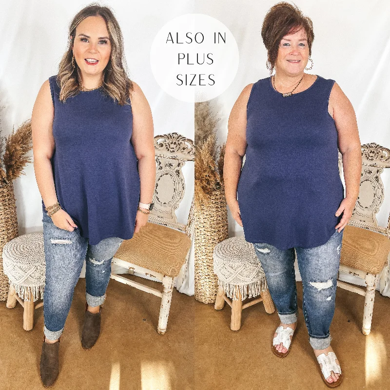 Give Me Joy Solid Knit A-Line Tank Top in Dusty Navy Blue Cool Women's Distressed