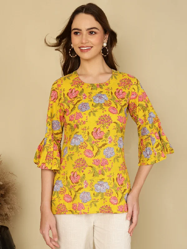 Cotton Printed Round Neck Yellow Top Youthful Women's Pop