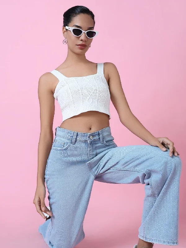 Women Off White Solid Crochet Crop Top Contemporary 
