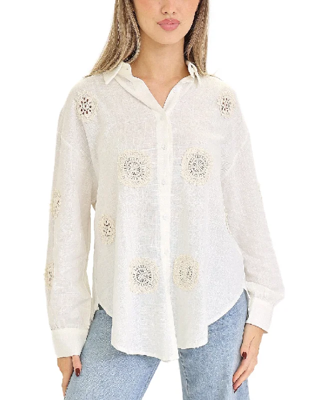 Linen Shirt w/ Crochet Circles Monochromatic Office Style
