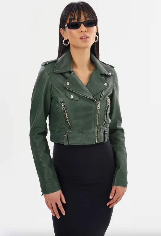 Ciara Leather Crop Moto Jacket - Alpine Green Scandinavian