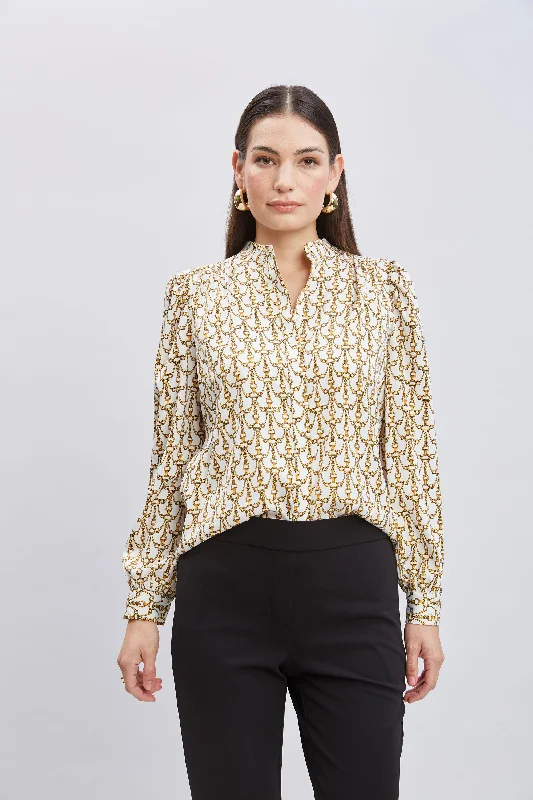 T-Tahari Chain Print Button Down Shirt Sophisticated Women's Tailored