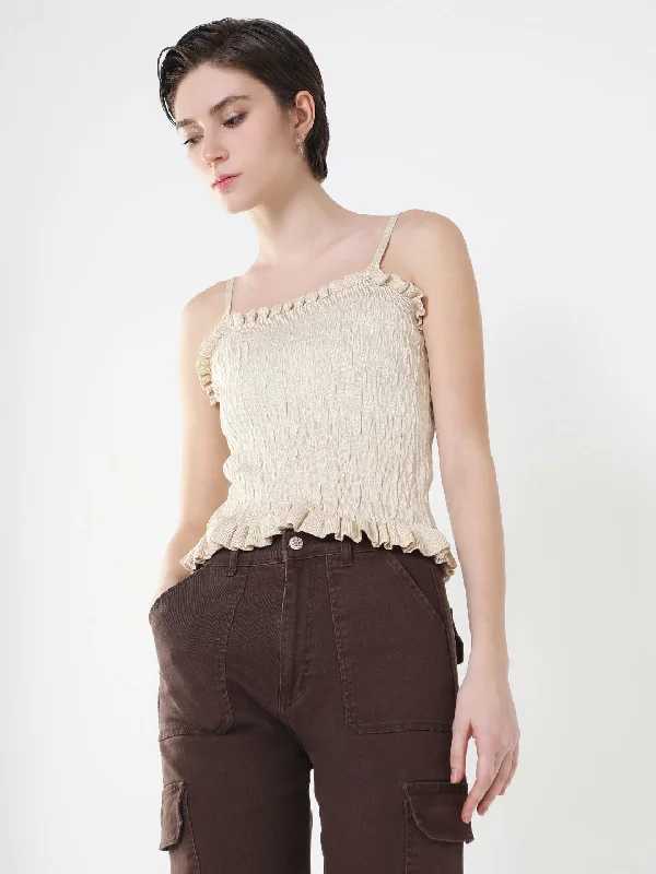 Women Solid Beige Fitted Crop Top Edgy Women's Punk