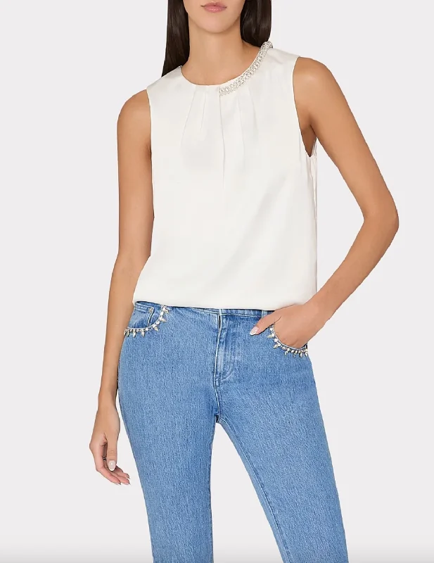 Lily Satin Crystal Embellished Top - White Modern Women's 