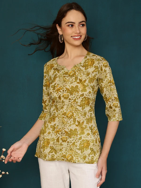 Cotton Printed Round Neck Yellow Top Bohemian Women's Free