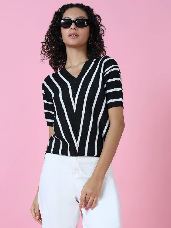 Women Black Striped Top Modern Women's Tech