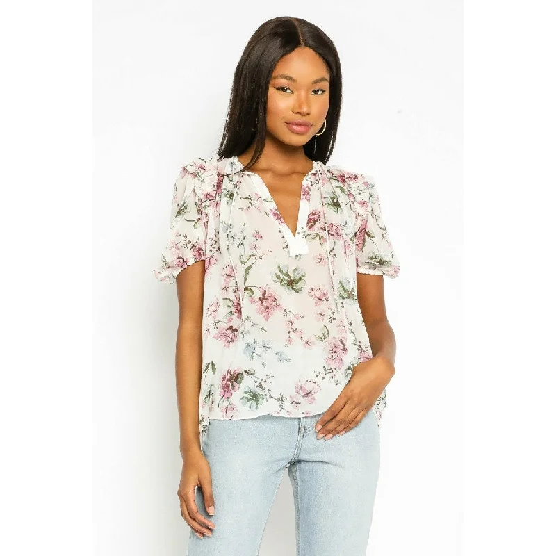 Watercolor Floral Puff Sleeve Top Trendy Women's Oversized