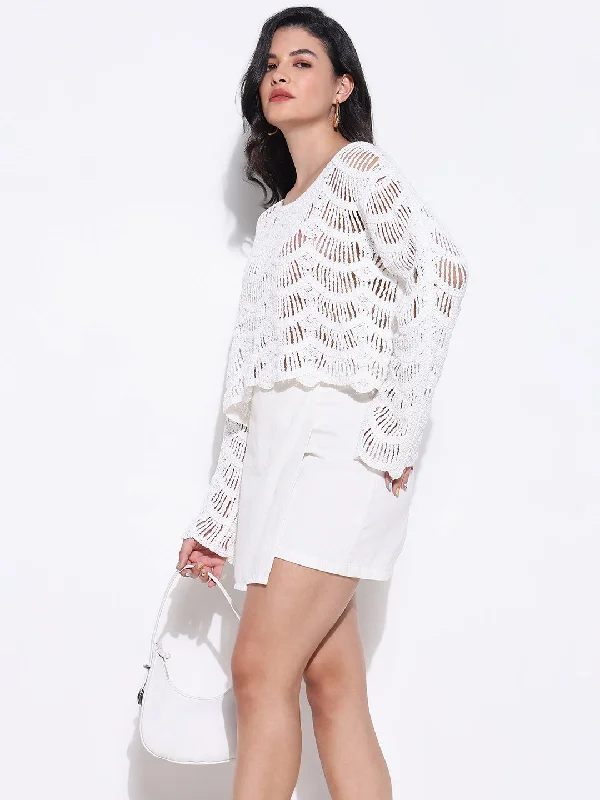 Women White Solid Crochet Top Geometric
