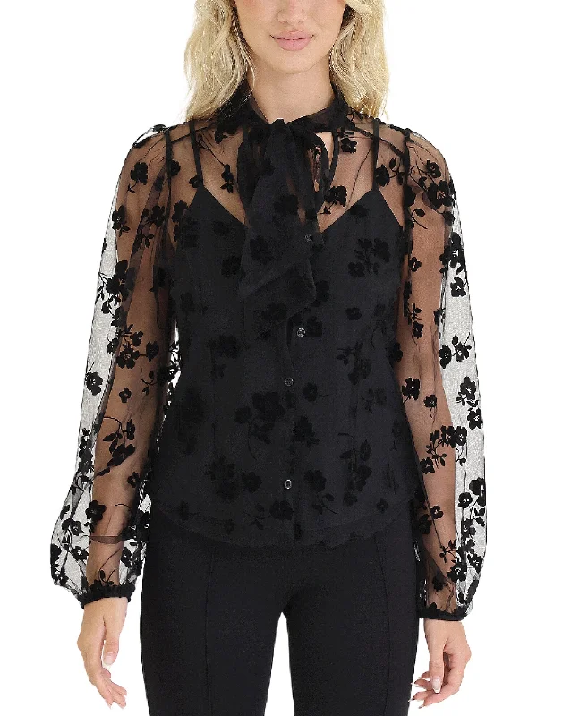 Flocked Floral Sheer Blouse Polished Women's Silk