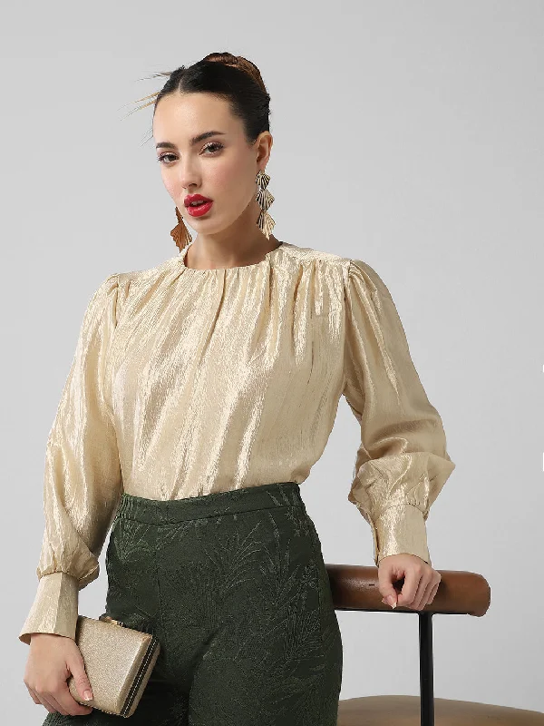 Women Beige Solid Top Sophisticated Women's 