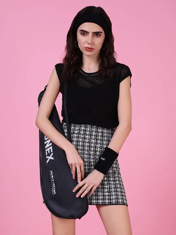 Women Black Solid Crochet Top Athletic Women's 