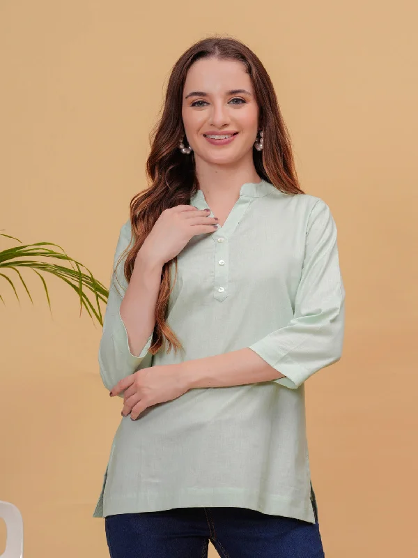 Parrot Green Solid Tops & Tunic - Linen Fabric, 3/4 Sleeves, Mandarin Collar And Hips Length Dapper Women's Bow - adorned