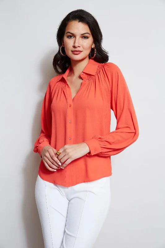 T-Tahari Long Sleeve Smocked Button Down Shirt Dynamic Women's Moto