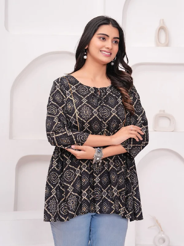 Black Rayon Floral Top Elegant Women's 