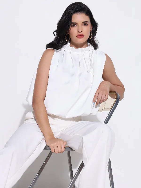 Women White Solid Blouson Top Cool Women's Skate