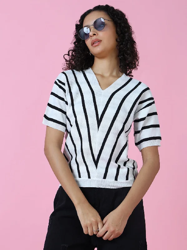 Women White Striped Top Refined Women's Velvet