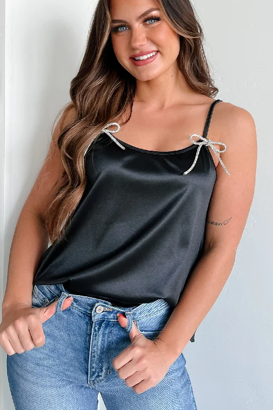 Add A Little Bling Satin Rhinestone Bow Tank Top (Black) Women
