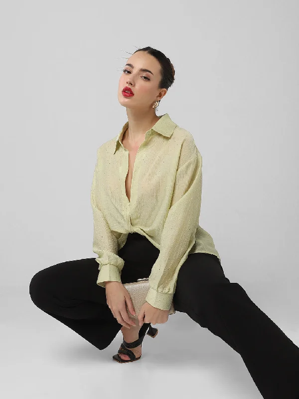 Women Green Solid Shirt Style Crop Top Australian Beach
