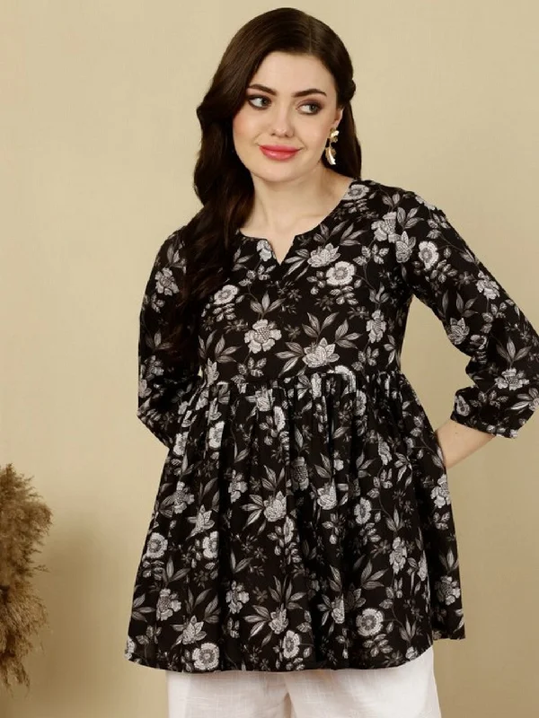 Cotton Floral Print Relaxed Fit Tunic Top Black Refined Women's 