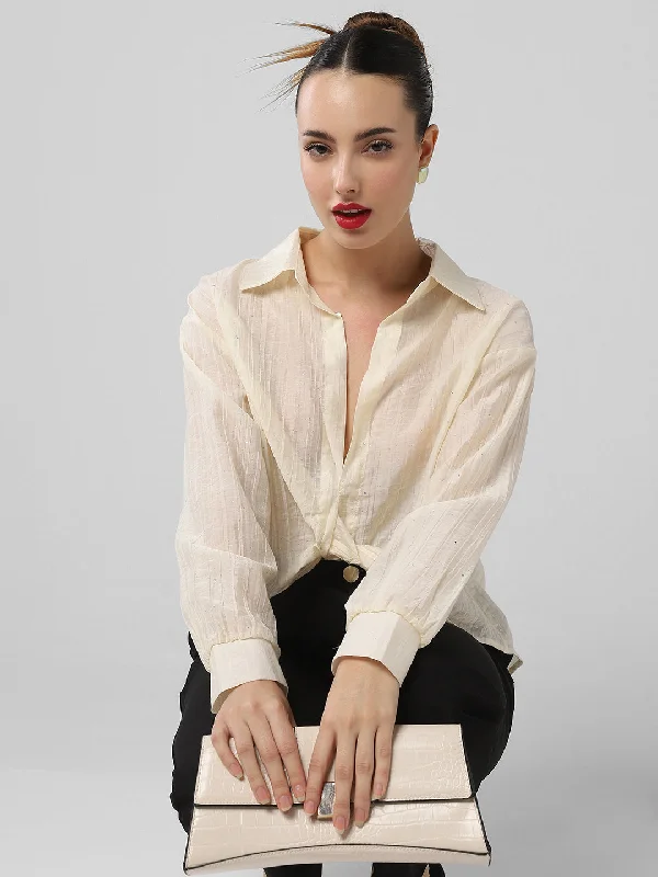 Women Cream Solid Shirt Style Crop Top Monochromatic All - in - one