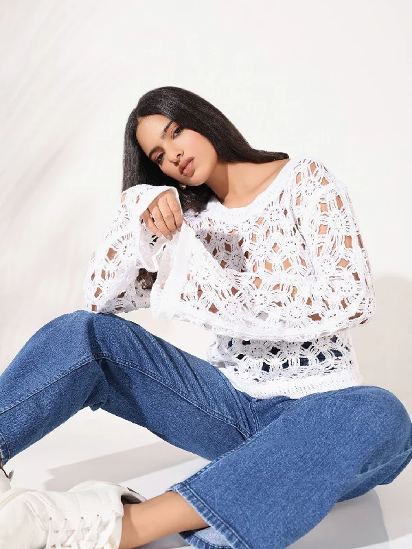Women White Solid Crochet Top Geometric