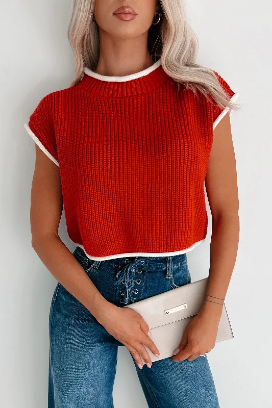 Savoring The Present Contrast Trim Crop Sweater (Red) Preppy Women's College