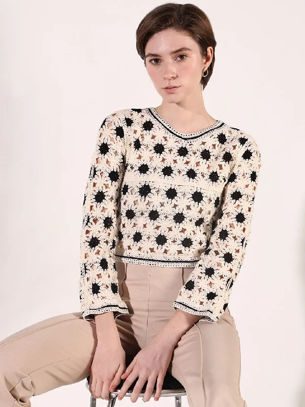 Women Cream Floral Crochet Crop Top Hip Women's Urban