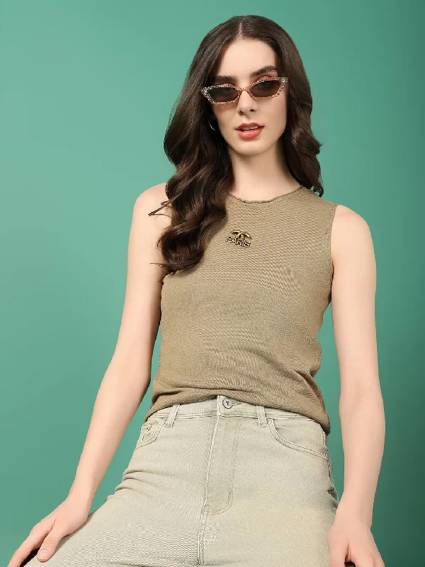 Women Olive Solid Top Laid - back Women's Vibe