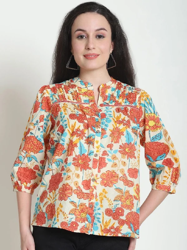 Floral Print Cotton Shirt Style Top Edgy Women's Punk