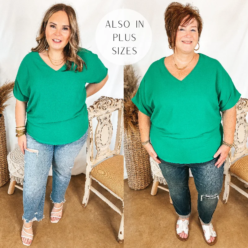 Last Chance Size Small | Lovely Dear V Neck Short Sleeve Solid Top in Green Laid - back Women's Style