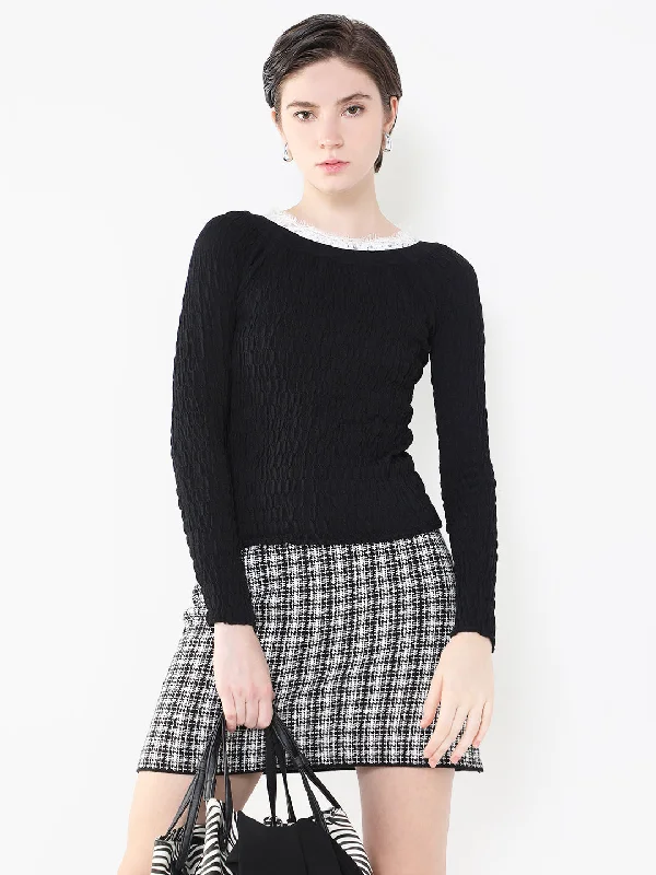 Women Solid Black Fitted Top Feminine Women's Soft 