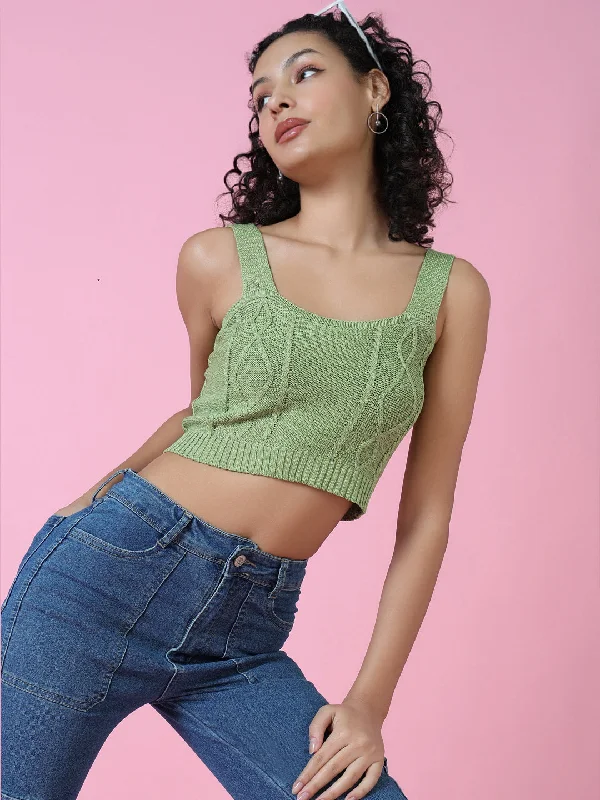 Women Green Solid Crochet Crop Top Minimalist Women's Casual