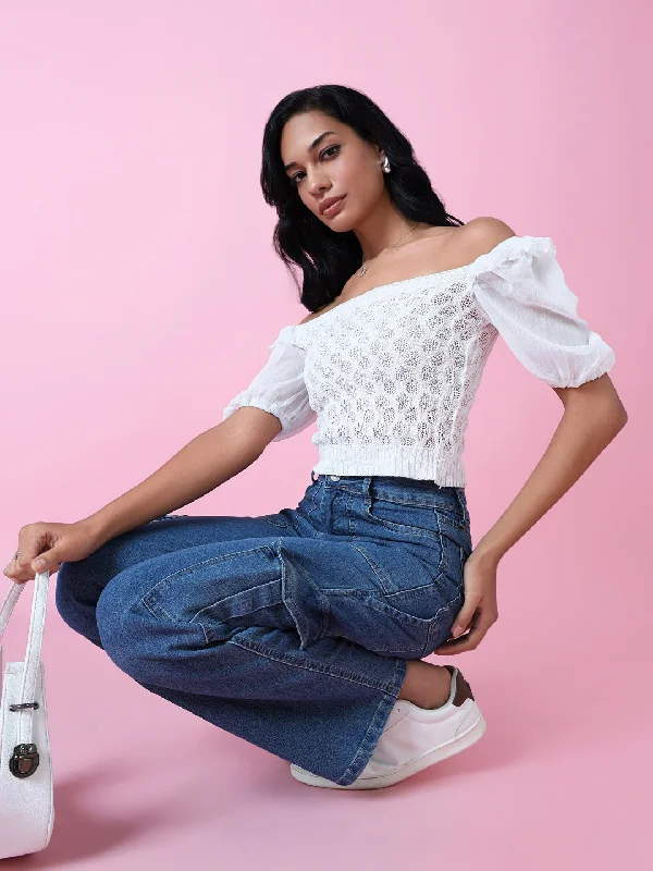 Women White Solid Crochet Crop Top Bohemian Women's Free