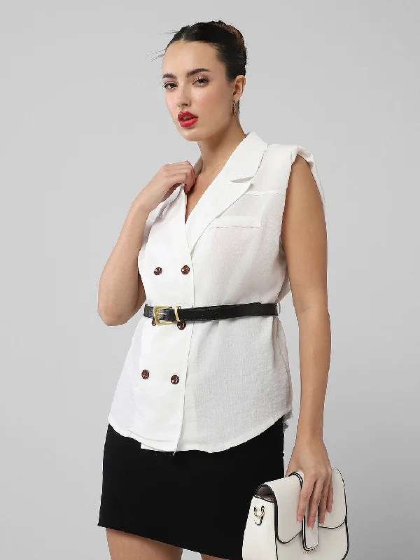 Women White Solid Blazer Top with Belt Youthful Women's Anime - inspired