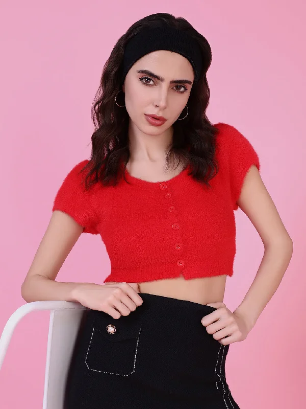 Women Red Solid Crop Top Luxurious Women's High -  end