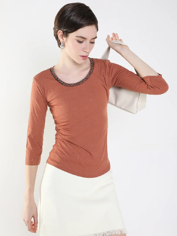 Women Embellished Brown Fitted Top Vacation